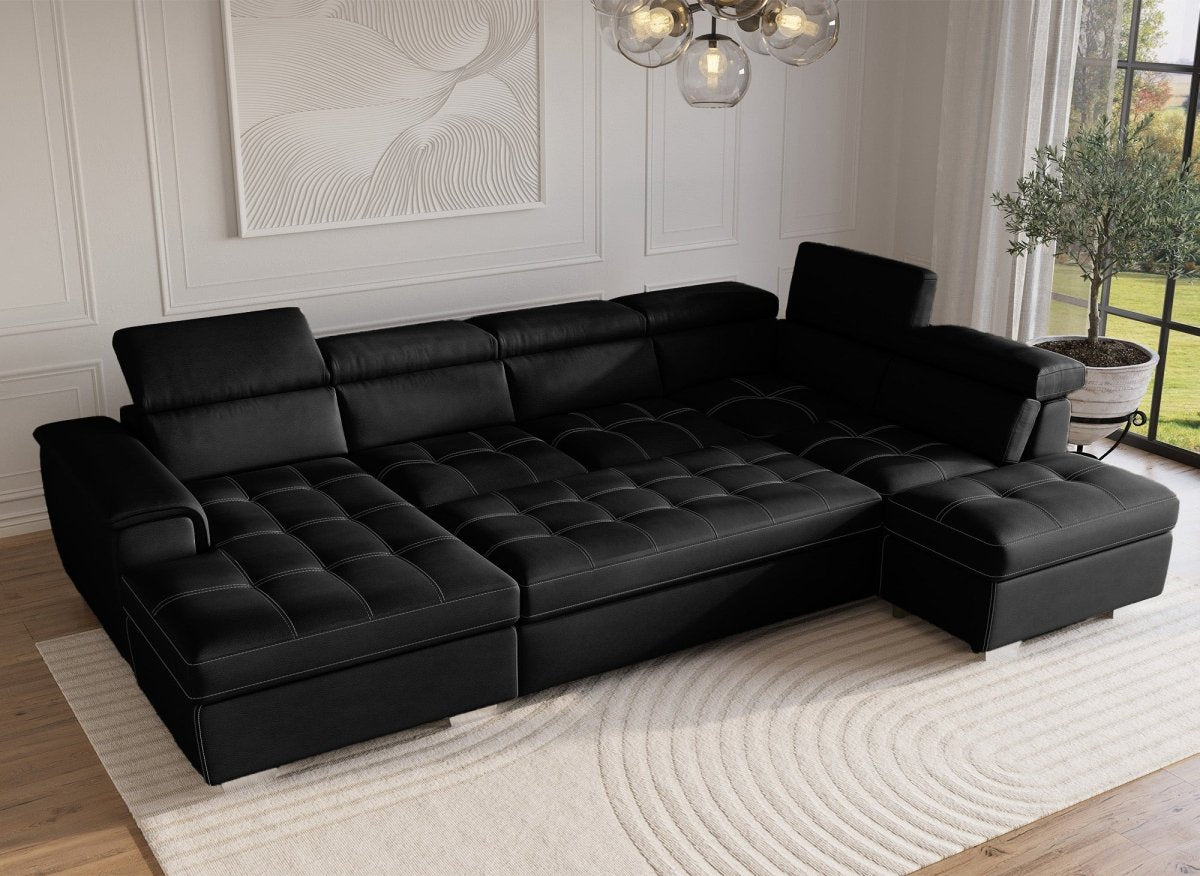 Canapé convertible et panoramique avec coffre de rangement en tissu noir OLIVER - Angle Gauche - DécoInParis