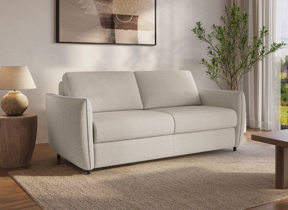 Canapé convertible express 3 places en velours texturé beige CHIARA - DécoInParis