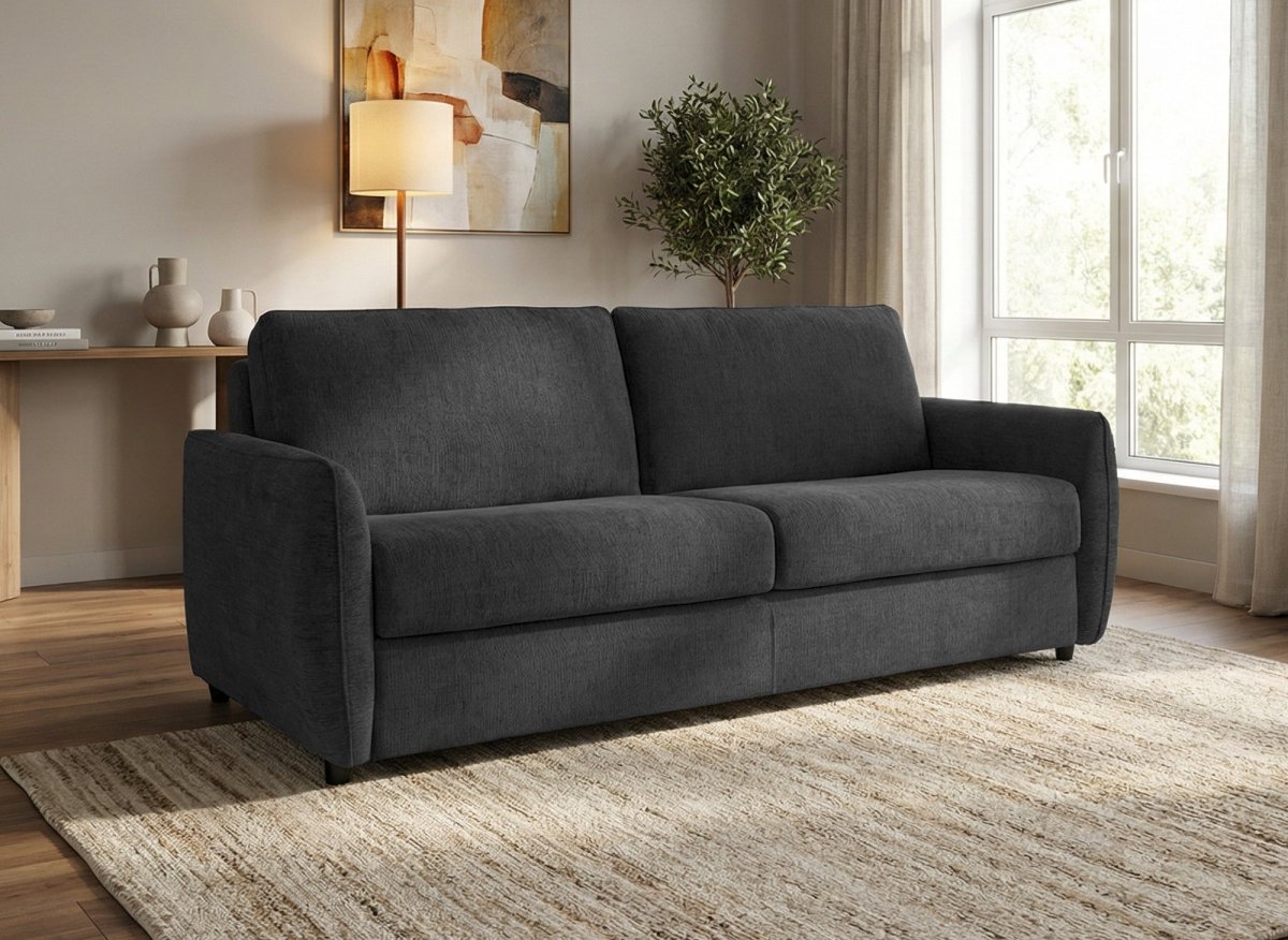 Canapé convertible express 3 places en velours texturé gris foncé CHIARA - DécoInParis