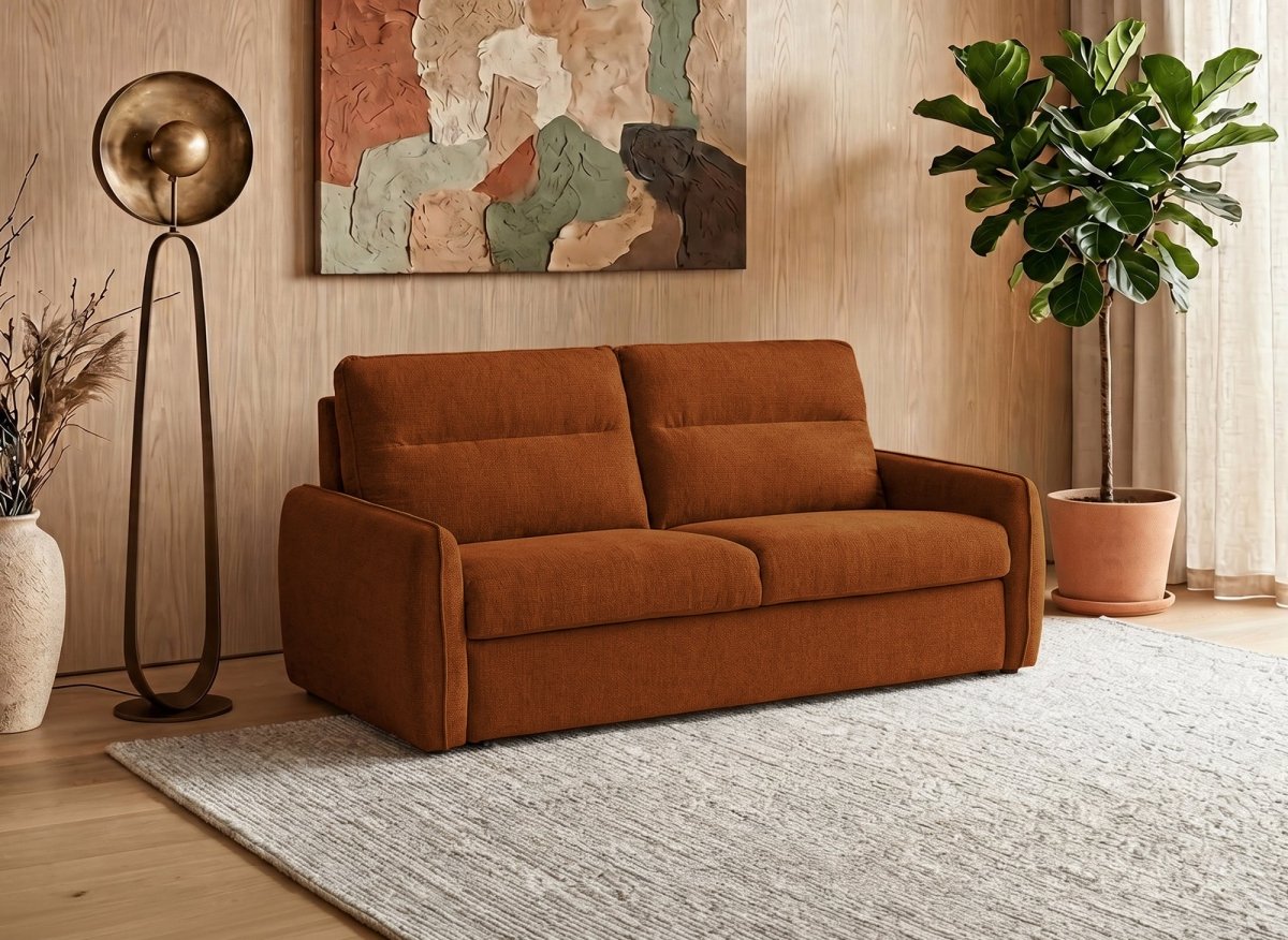 Canapé convertible express 3 places matelas 15 cm en tissu texturé terracotta ADILIO - DécoInParis