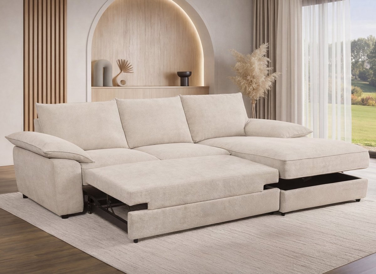 Canapé d'angle convertible avec coffre de rangement en velours chiné beige GABIN - Angle droit - DécoInParis