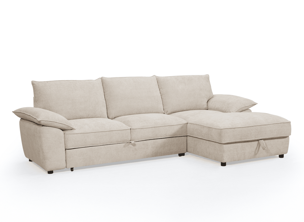 Canapé d'angle convertible avec coffre de rangement en velours chiné beige GABIN - Angle droit - DécoInParis