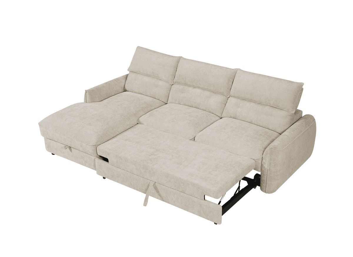 Canapé d'angle convertible avec coffre de rangement en velours chiné beige SAMINA - Angle gauche - DécoInParis