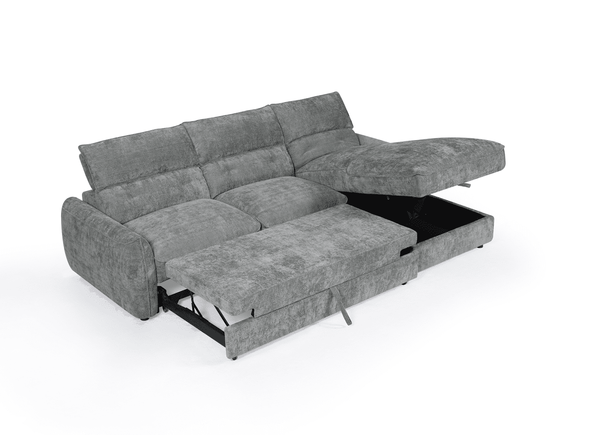 Canapé d'angle convertible avec coffre de rangement en velours chiné gris SAMINA - Angle droit - DécoInParis