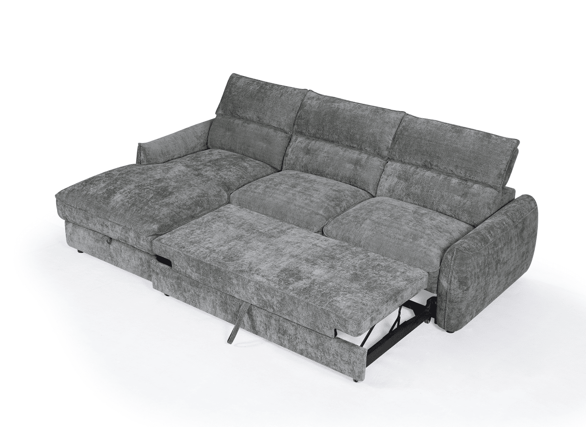 Canapé d'angle convertible avec coffre de rangement en velours chiné gris SAMINA - Angle gauche - DécoInParis