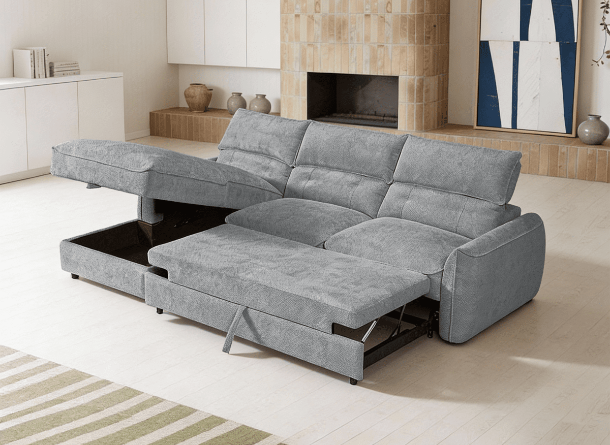 Canapé d'angle convertible avec coffre de rangement en velours chiné gris SAMINA - Angle gauche - DécoInParis