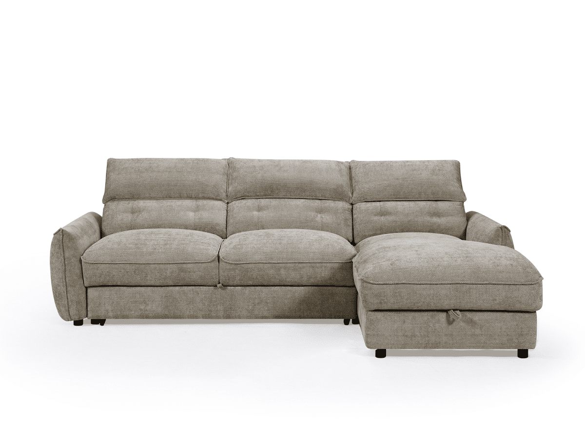 Canapé d'angle convertible avec coffre de rangement en velours chiné taupe SAMINA - Angle droit - DécoInParis