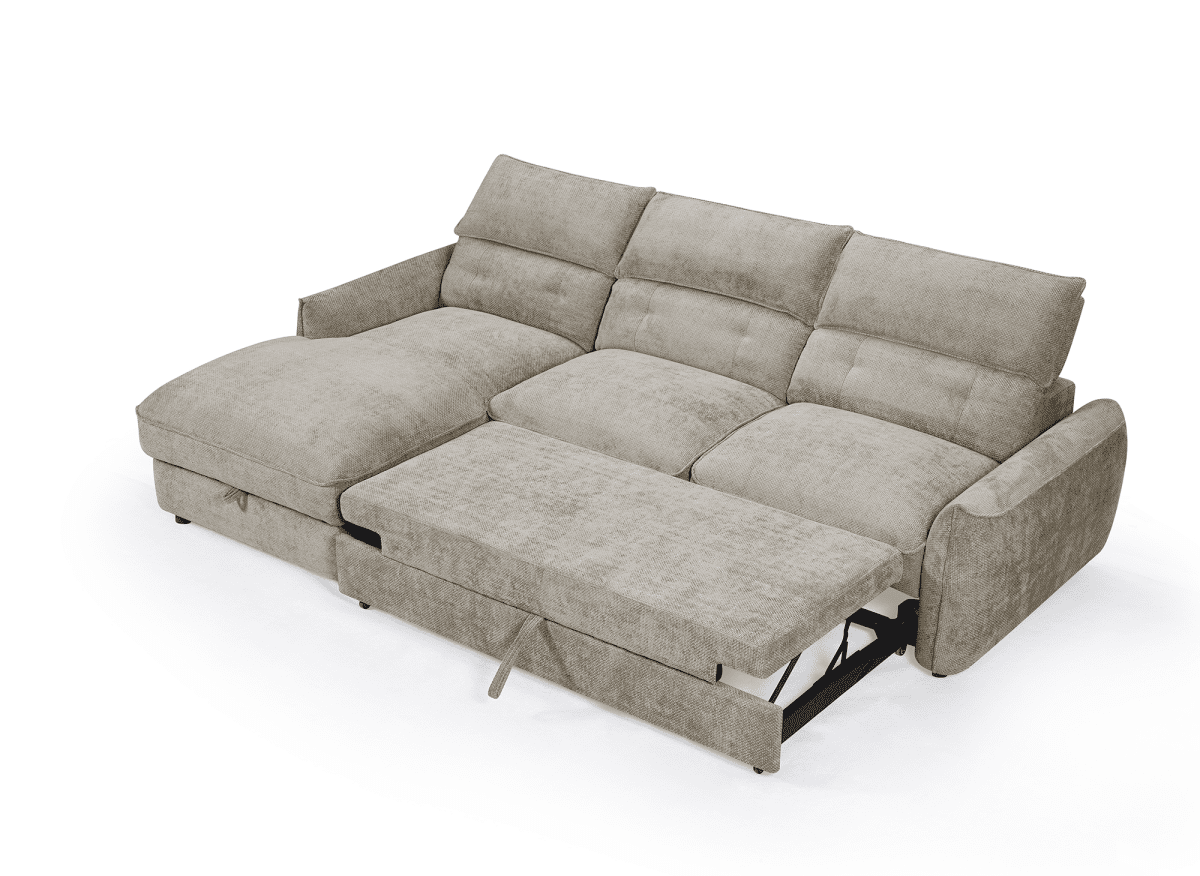 Canapé d'angle convertible avec coffre de rangement en velours chiné taupe SAMINA - Angle gauche - DécoInParis