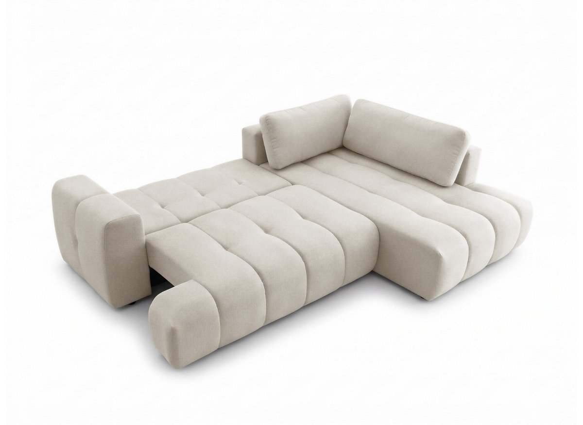 Canapé d'angle convertible avec coffre en tissu beige HAVEN - Angle droit - DécoInParis