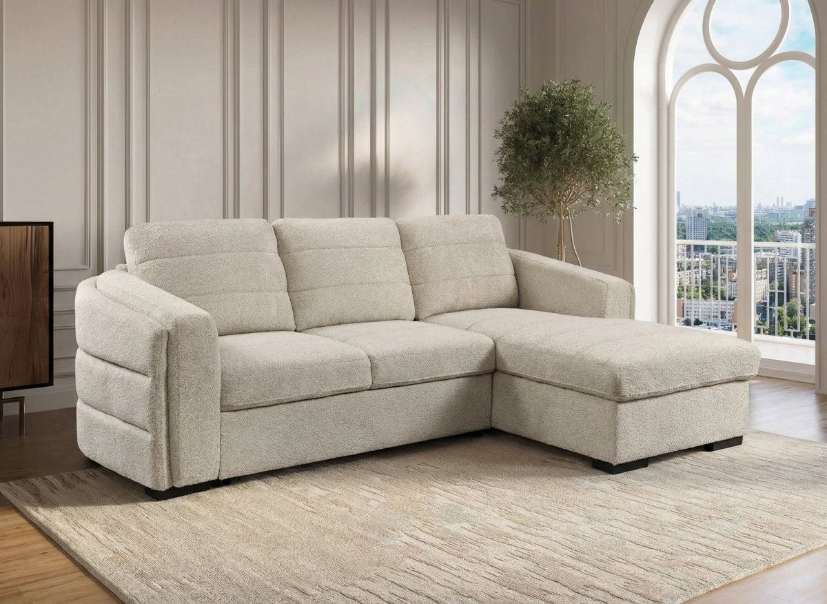 Canapé d'angle convertible avec coffre en tissu bouclette beige CALANDRA - Angle droit - DécoInParis