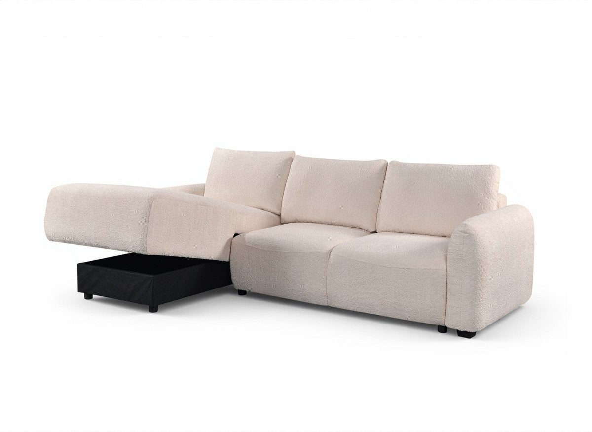 Canapé d'angle convertible avec coffre en tissu bouclette beige MARLA - Angle gauche - DécoInParis