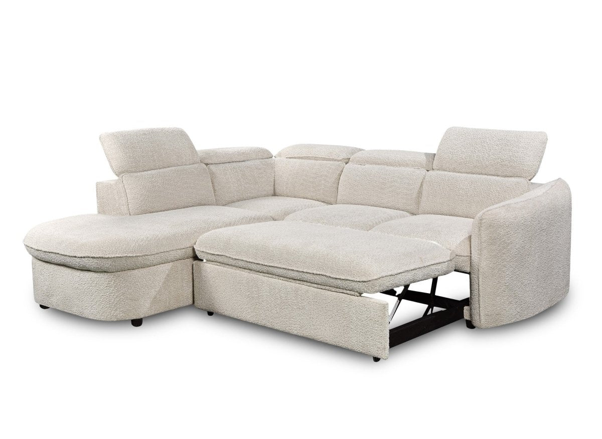 Canapé d'angle convertible avec coffre en tissu bouclette écru BAYA - angle gauche - DécoInParis