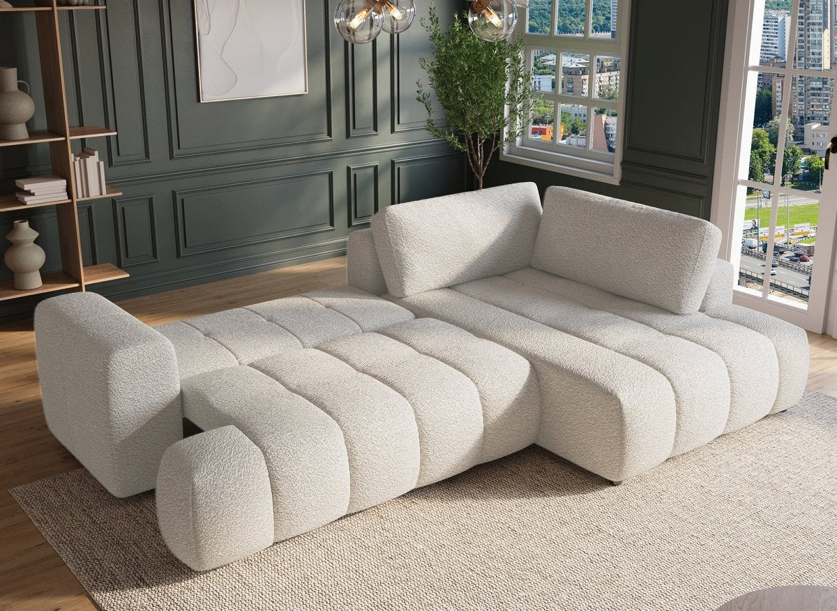 Canapé d'angle convertible avec coffre en tissu bouclette écru HAVEN - Angle droit - DécoInParis