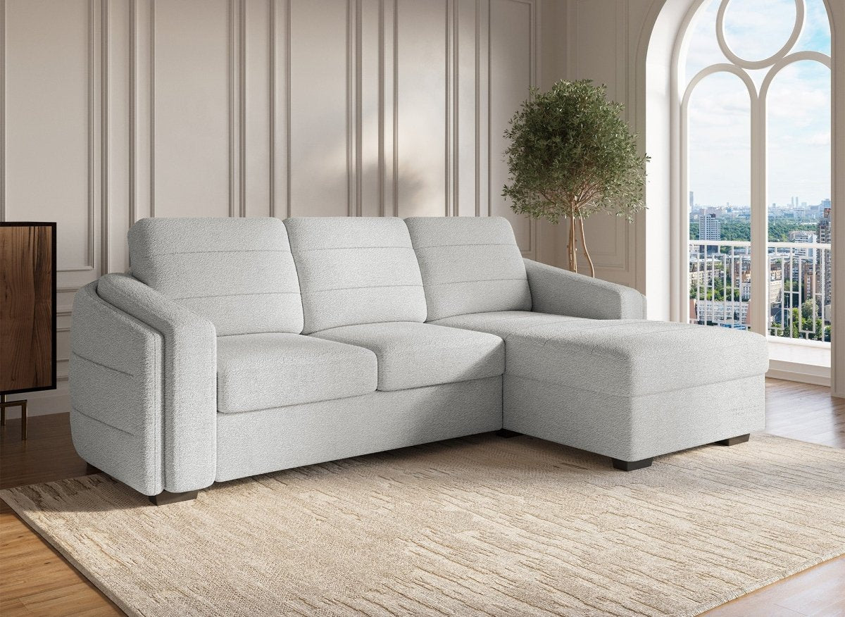 Canapé d'angle convertible avec coffre en tissu bouclette gris clair CALANDRA - Angle droit - DécoInParis