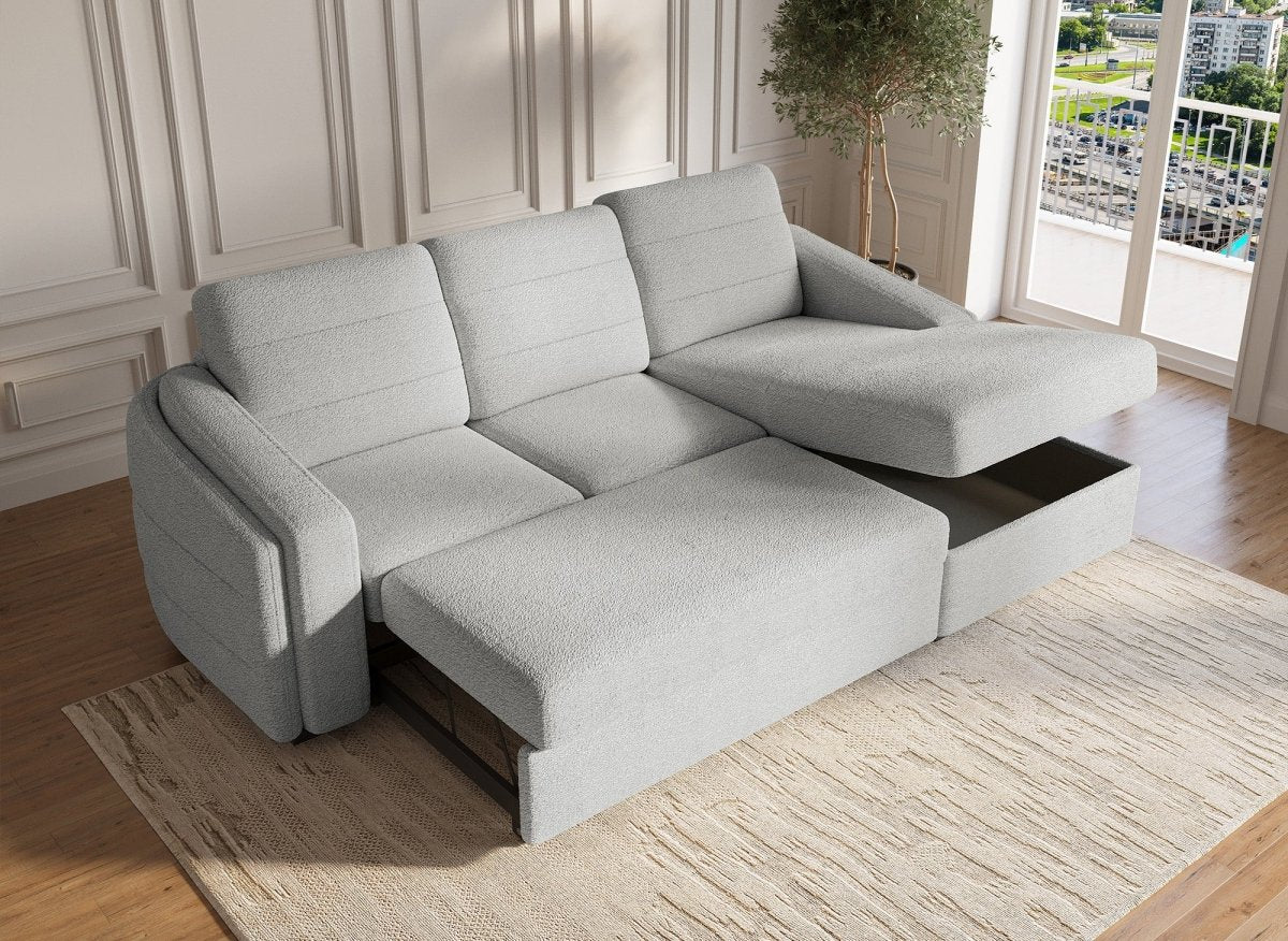 Canapé d'angle convertible avec coffre en tissu bouclette gris clair CALANDRA - Angle droit - DécoInParis