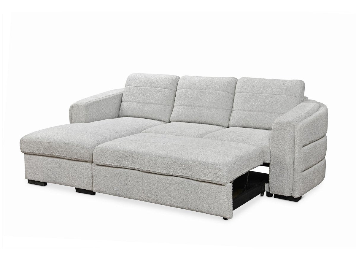 Canapé d'angle convertible avec coffre en tissu bouclette gris clair CALANDRA - Angle gauche - DécoInParis