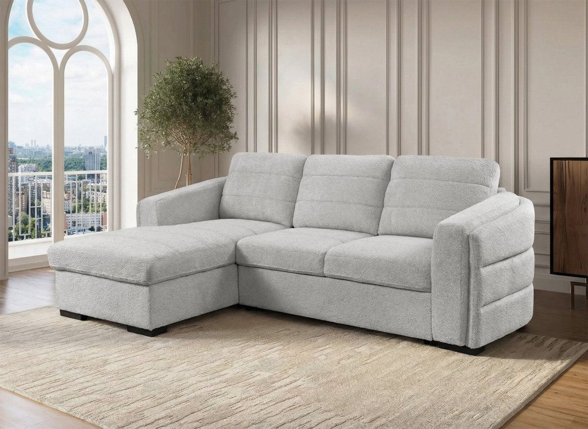 Canapé d'angle convertible avec coffre en tissu bouclette gris clair CALANDRA - Angle gauche - DécoInParis