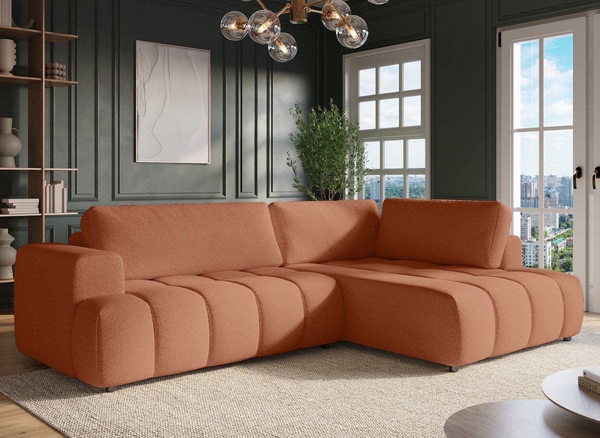 Canapé d'angle convertible avec coffre en tissu terracotta HAVEN - Angle droit - DécoInParis