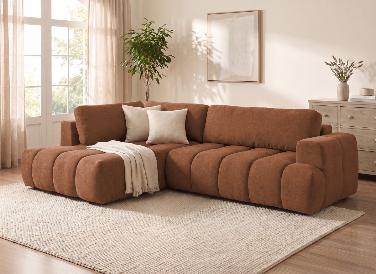 Canapé d'angle convertible avec coffre en tissu terracotta HAVEN - Angle gauche - DécoInParis