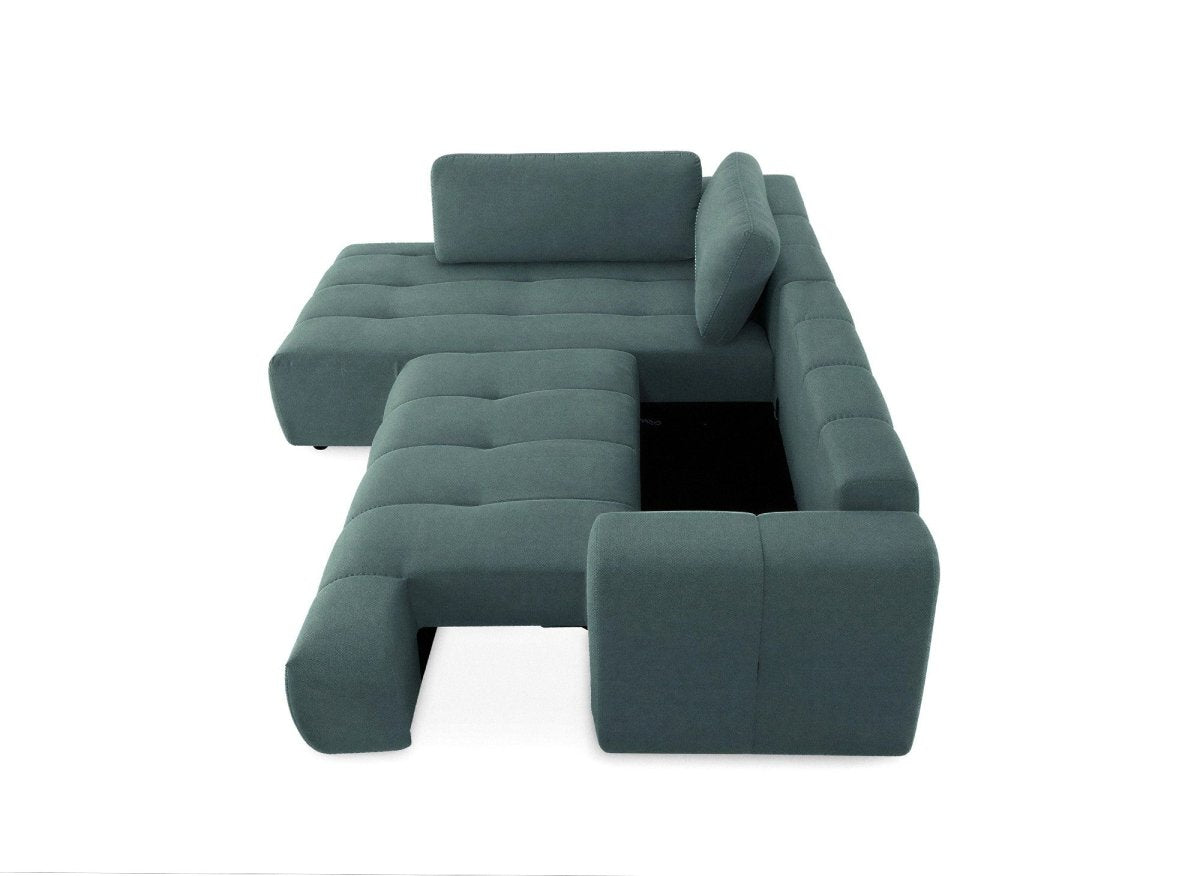 Canapé d'angle convertible avec coffre en tissu vert olive HAVEN - Angle gauche - DécoInParis