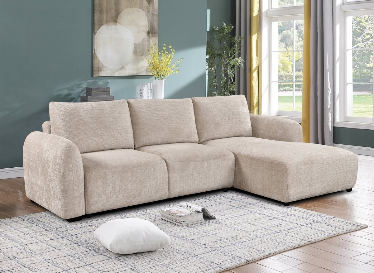 Canapé d'angle convertible avec coffre en velours chiné beige MARLA - Angle droit - DécoInParis