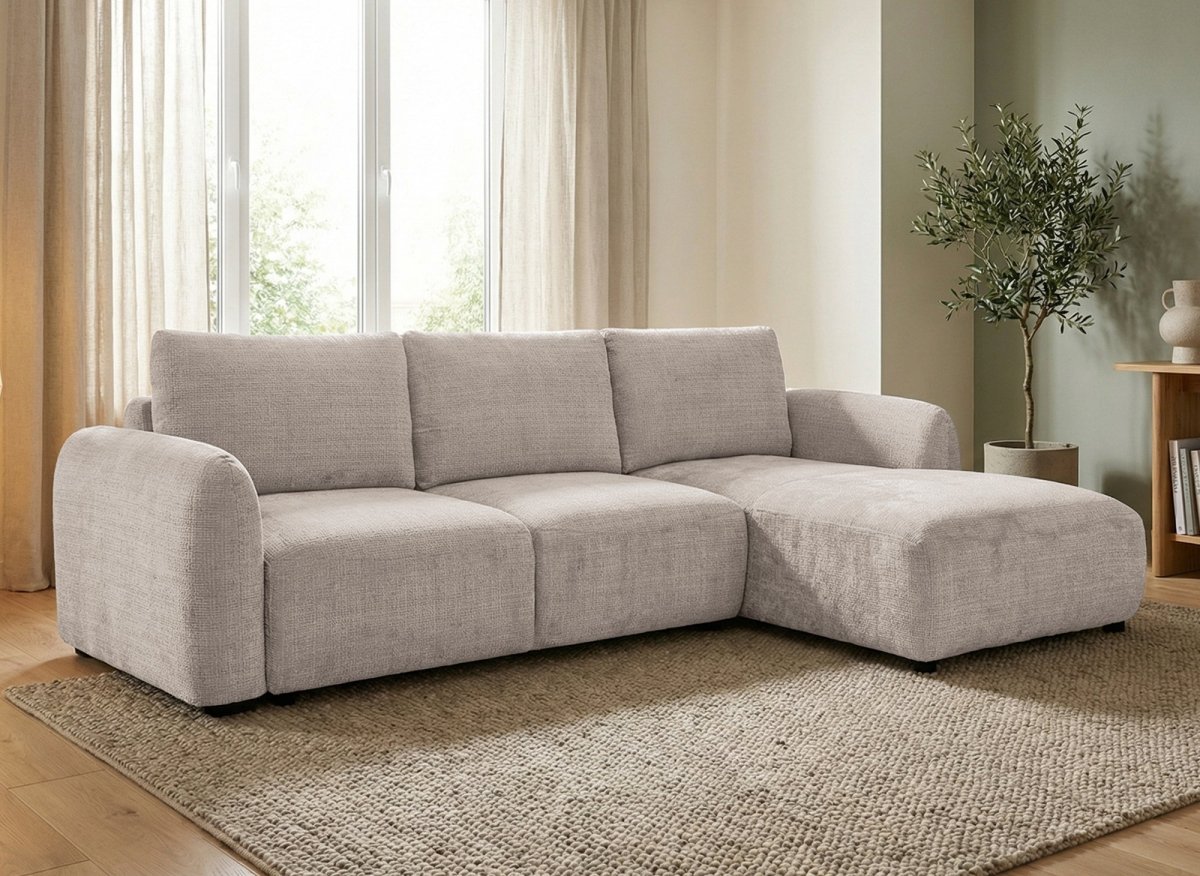 Canapé d'angle convertible avec coffre en velours chiné beige MARLA - Angle droit - DécoInParis