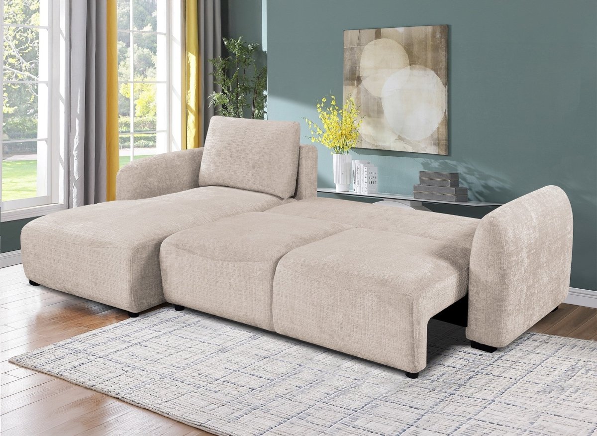 Canapé d'angle convertible avec coffre en velours chiné beige MARLA - Angle gauche - DécoInParis