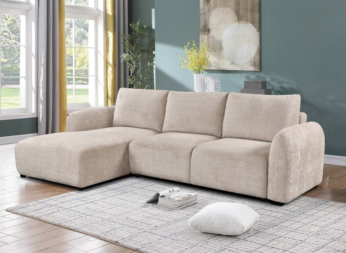 Canapé d'angle convertible avec coffre en velours chiné beige MARLA - Angle gauche - DécoInParis