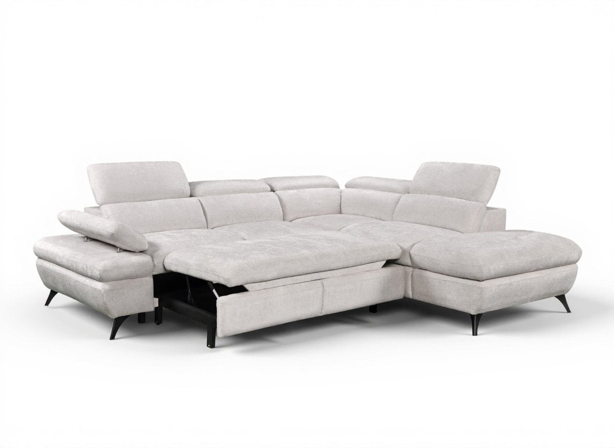 Canapé d'angle convertible avec coffre en velours chiné blanc écru LUFY - Angle droit - DécoInParis