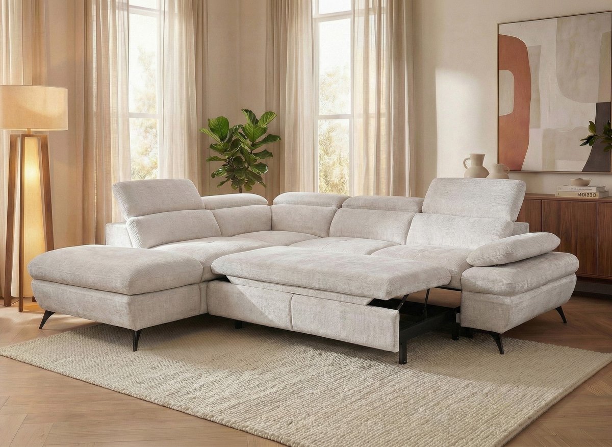 Canapé d'angle convertible avec coffre en velours chiné blanc écru LUFY - Angle gauche - DécoInParis