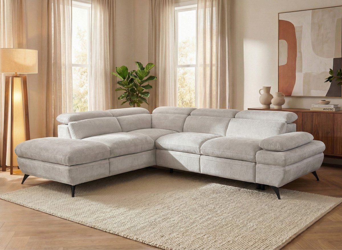 Canapé d'angle convertible avec coffre en velours chiné blanc écru LUFY - Angle gauche - DécoInParis