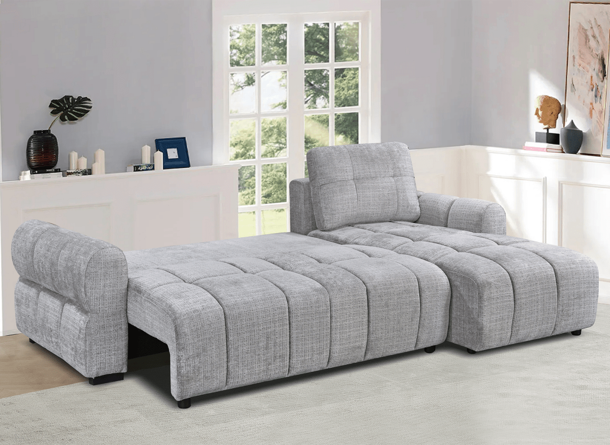 Canapé d'angle convertible avec coffre en velours chiné gris MAHLONE - Angle droit - DécoInParis