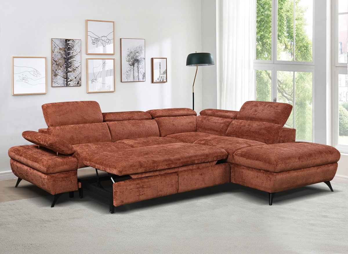 Canapé d'angle convertible avec coffre en velours chiné terracotta LUFY - Angle droit - DécoInParis
