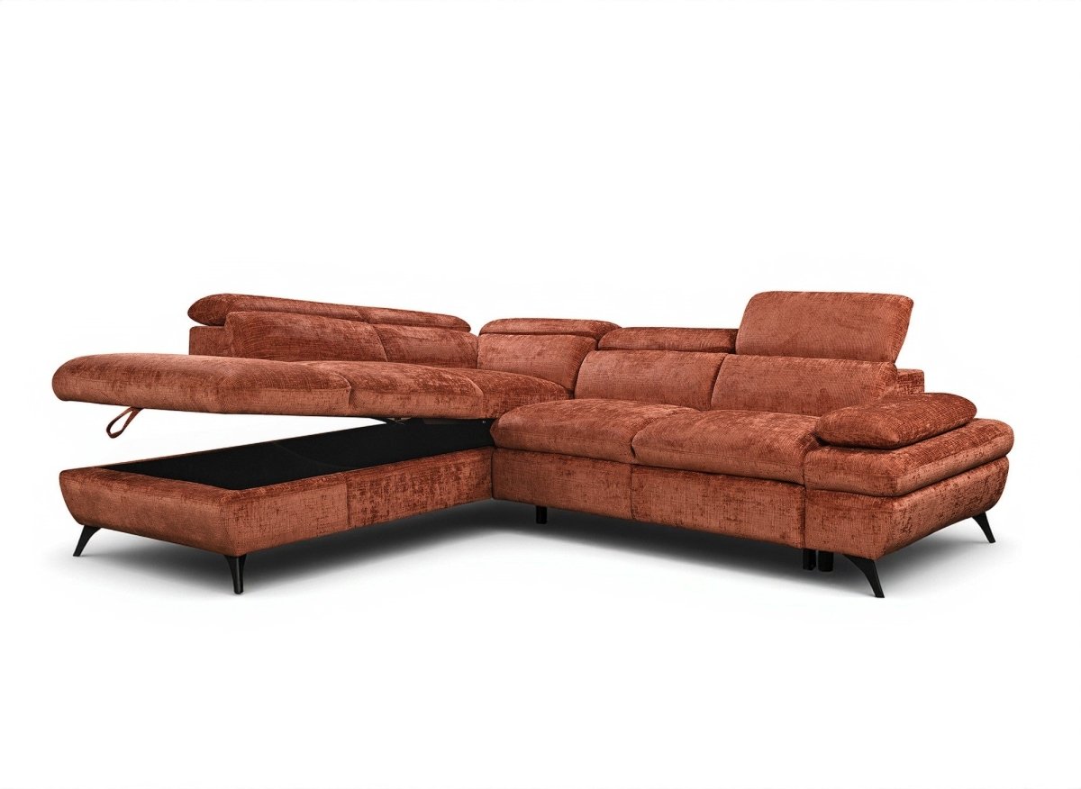 Canapé d'angle convertible avec coffre en velours chiné terracotta LUFY - Angle gauche - DécoInParis