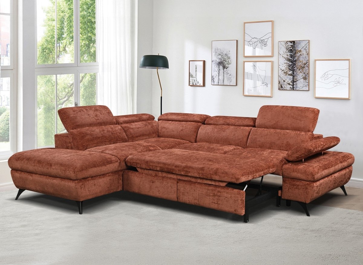 Canapé d'angle convertible avec coffre en velours chiné terracotta LUFY - Angle gauche - DécoInParis