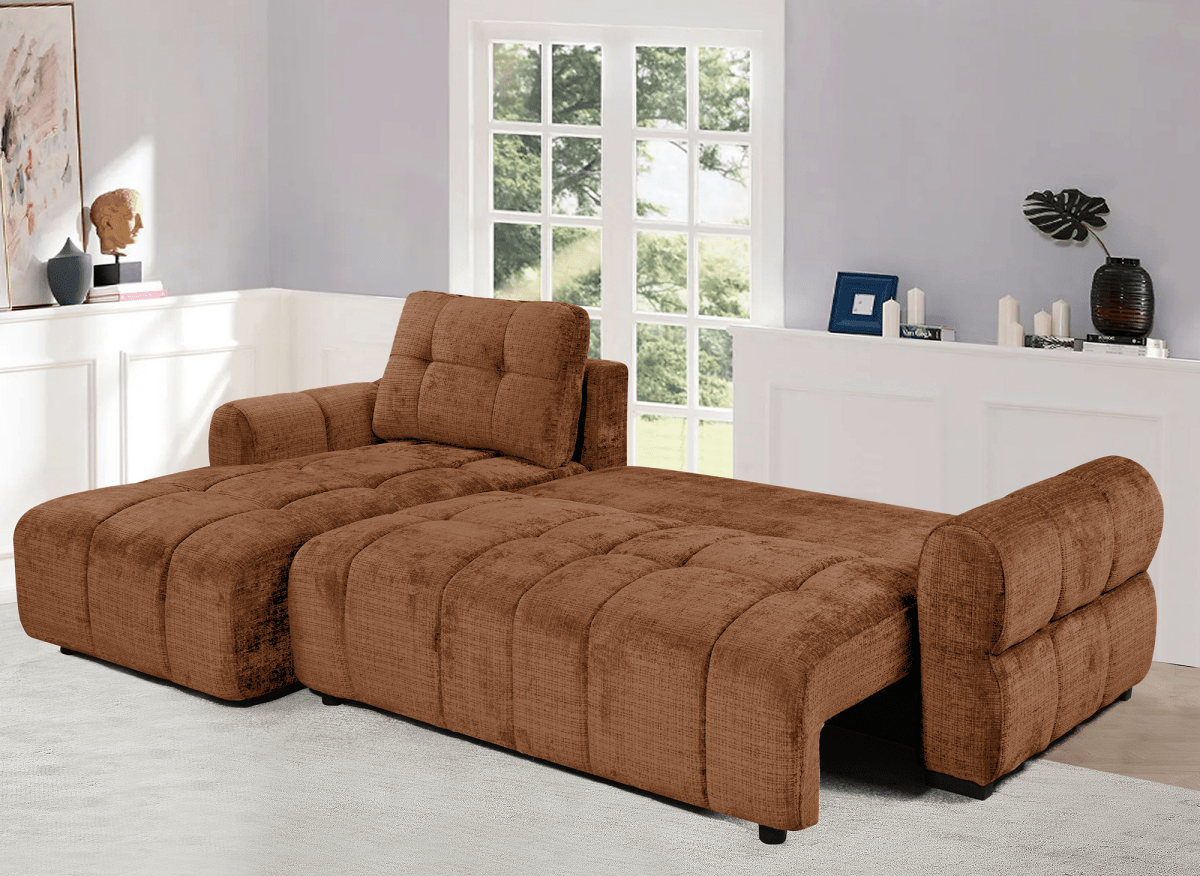 Canapé d'angle convertible avec coffre en velours chiné terracotta MAHLONE - Angle gauche - DécoInParis