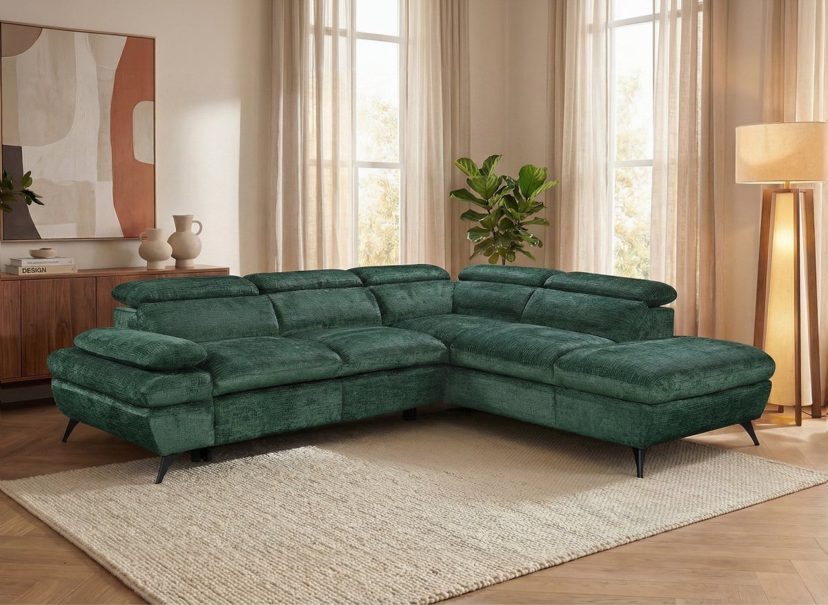 Canapé d'angle convertible avec coffre en velours chiné vert LUFY - Angle droit - DécoInParis