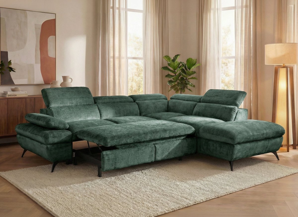 Canapé d'angle convertible avec coffre en velours chiné vert LUFY - Angle droit - DécoInParis