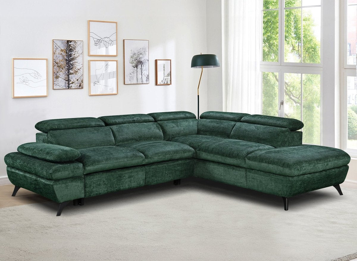 Canapé d'angle convertible avec coffre en velours chiné vert LUFY - Angle droit - DécoInParis