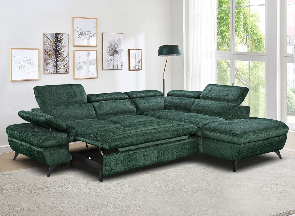 Canapé d'angle convertible avec coffre en velours chiné vert LUFY - Angle droit - DécoInParis