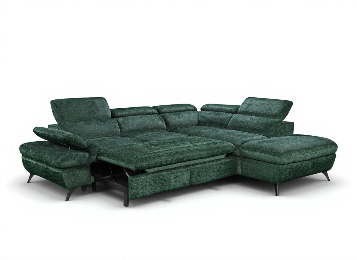 Canapé d'angle convertible avec coffre en velours chiné vert LUFY - Angle droit - DécoInParis