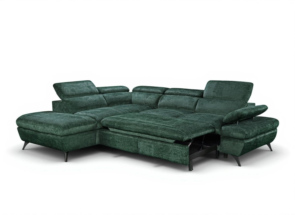Canapé d'angle convertible avec coffre en velours chiné vert LUFY - Angle gauche - DécoInParis