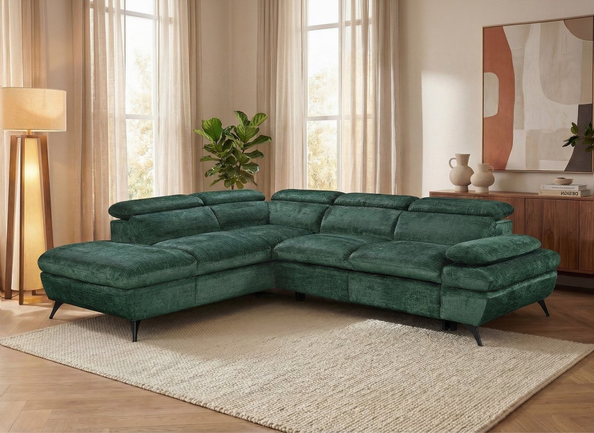 Canapé d'angle convertible avec coffre en velours chiné vert LUFY - Angle gauche - DécoInParis