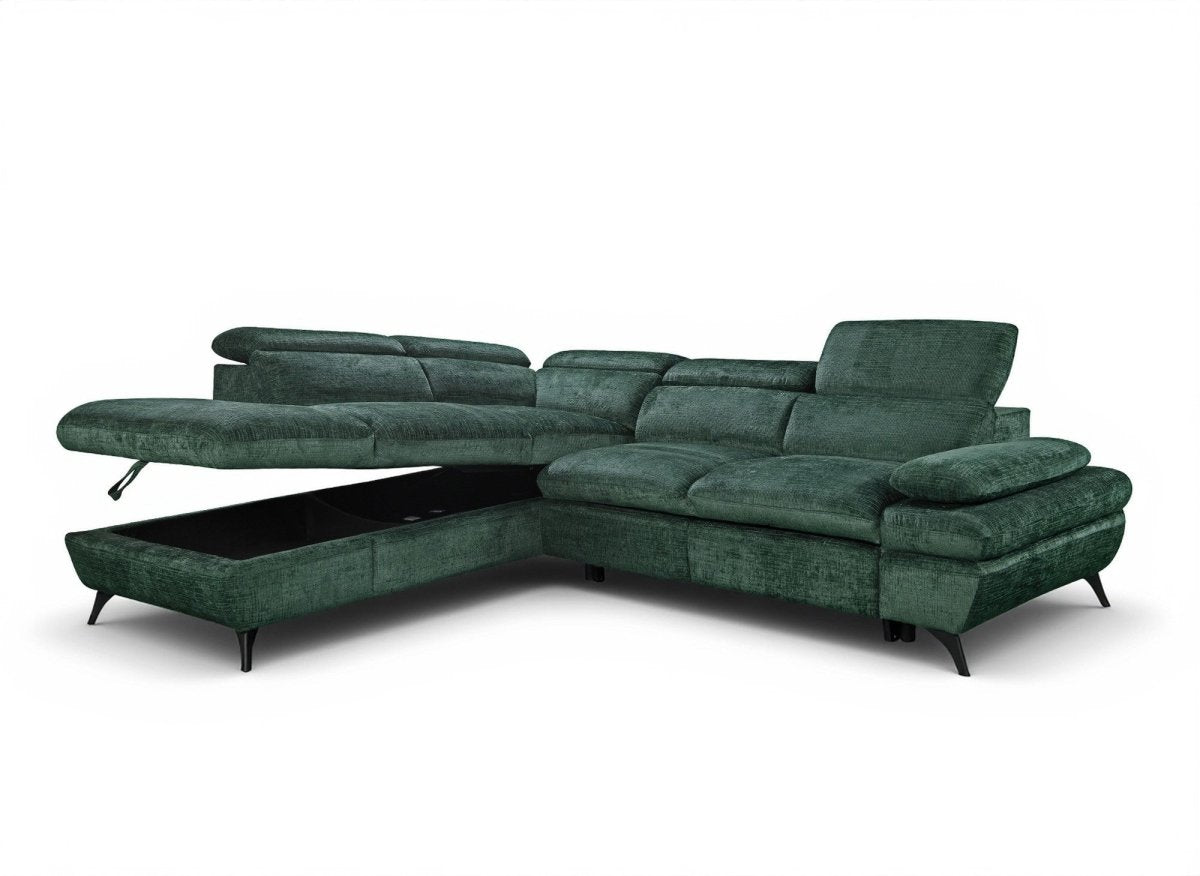 Canapé d'angle convertible avec coffre en velours chiné vert LUFY - Angle gauche - DécoInParis