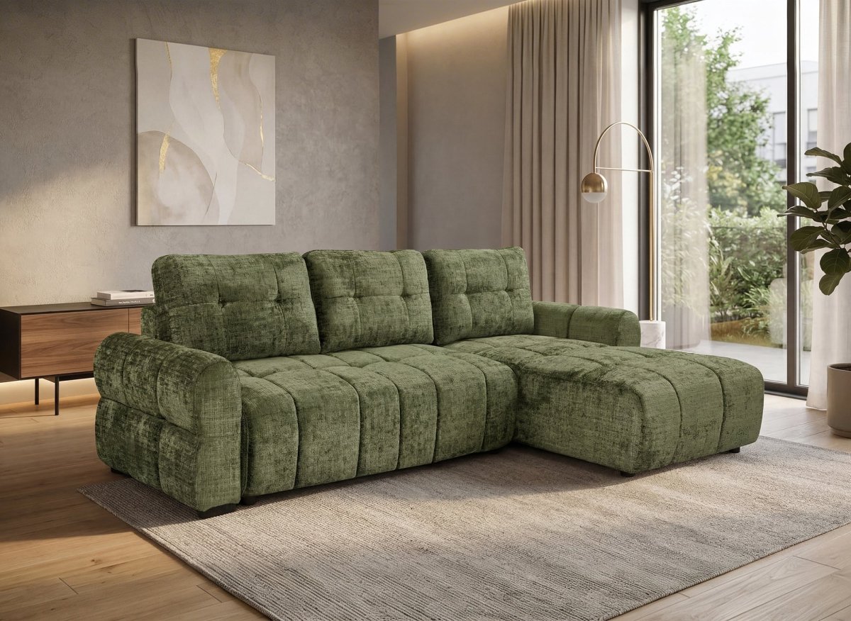 Canapé d'angle convertible avec coffre en velours chiné vert olive MAHLONE - Angle droit - DécoInParis