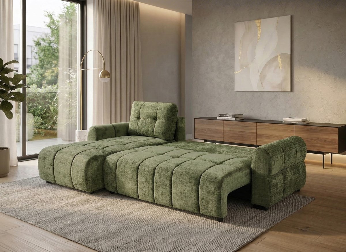 Canapé d'angle convertible avec coffre en velours chiné vert olive MAHLONE - Angle gauche - DécoInParis