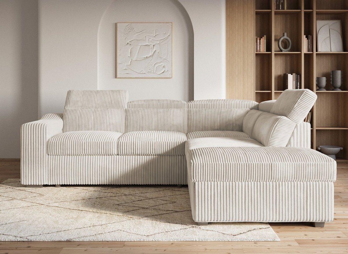 Canapé d'angle convertible avec coffre en velours côtelé beige MARTY - Angle droit - DécoInParis