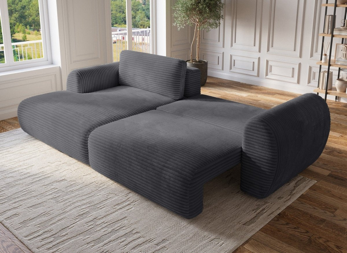 Canapé d'angle convertible avec coffre en velours gros côtelé doux gris TILDA - Angle gauche - DécoInParis