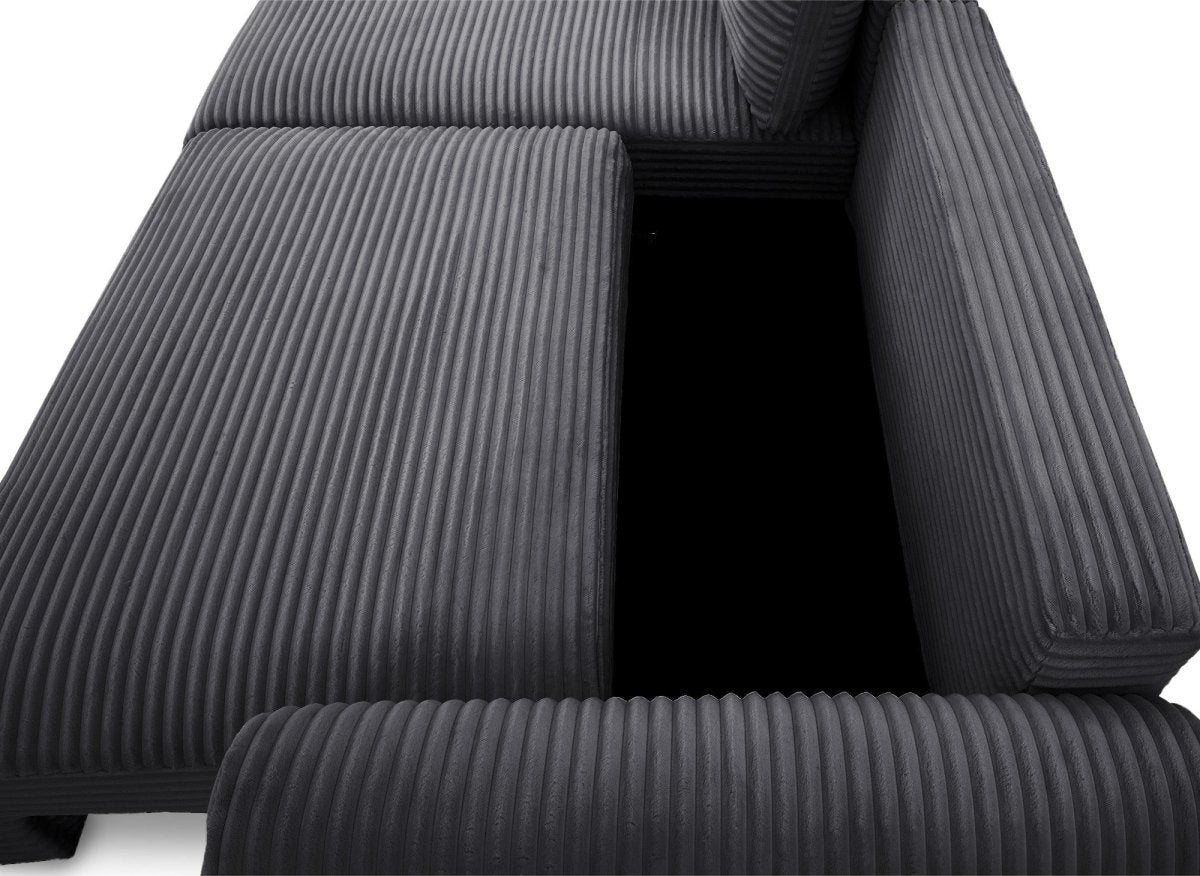 Canapé d'angle convertible avec coffre en velours gros côtelé doux gris TILDA - Angle gauche - DécoInParis