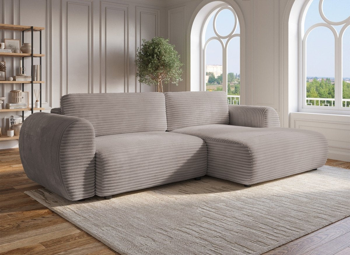 Canapé d'angle convertible avec coffre en velours gros côtelé doux taupe TILDA - Angle droit - DécoInParis